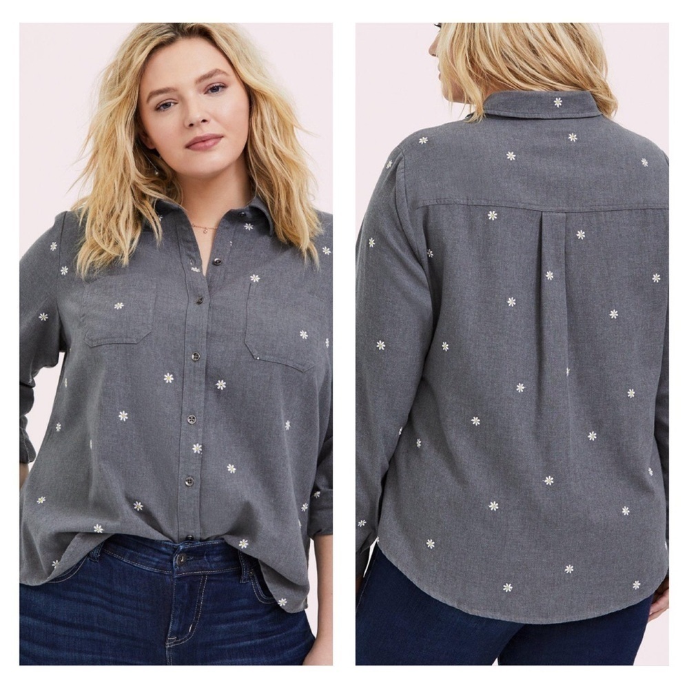 NWT Torrid 5X Button Front Shirt Taylor Gray Daisy Embroidered Top Long Sleeve